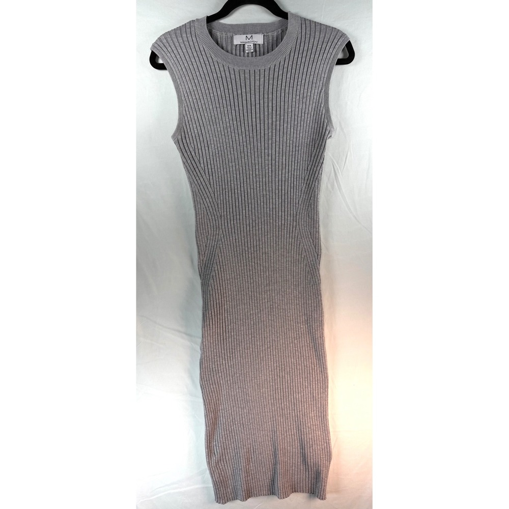 Magaschoni Women Grey Ribbed Knit Sleeveless Midi Sheath Dress Size Medium